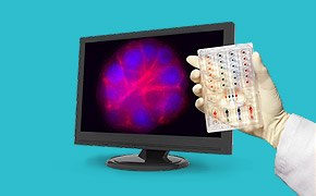 A computer monitor displaying a colorful brain scan in shades of red, blue, and purple. A hand in a white glove holds up a blister pack of pills against a turquoise background.  A computer monitor displaying a colorful brain scan in shades of red, blue, and purple. A hand in a white glove holds up a blister pack of pills against a turquoise background.