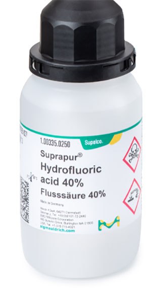 PE Bottle containing Suprapur® Hydrofluoric acid from Supelco® Suprapur® Hydrofluoric acid 40% from Supelco®