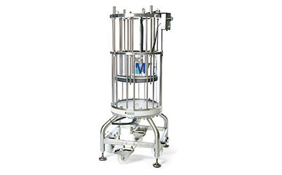 IsoPak™ columns Stainless steel circular chromatography column mounted on a stand. It has multiple vertical tubes connected by metal rings at the top and bottom. Adjustment knobs and levers are present on the stand below the column. The equipment is mounted on a metal stand with caster wheels for mobility.