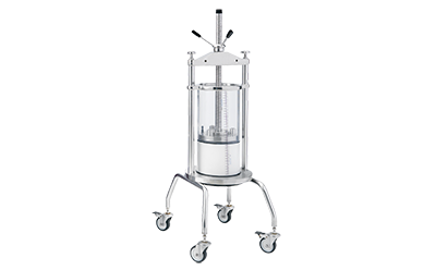 QuikScale® columns An example of a QuikScale® chromatography columns, includes a clear glass bottle attached to a stand, set on a white background. The stand has four metal legs with wheels for mobility