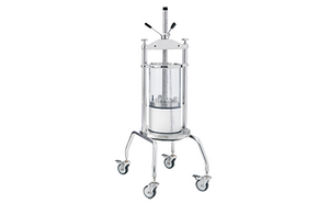 Chromatography Columns for Bioprocessing Stainless steel chromatography column on wheels, designed for bioprocessing applications, featuring a transparent central chamber with measurement markings and a top-mounted handwheel for precision adjustments.