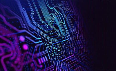 Electronic integrated circuit A close-up view of a circuit board, showcasing intricate patterns of electrical pathways in vibrant shades of blue and purple. The background fades into a darker hue, emphasizing the glowing lines and nodes that create a high-tech, futuristic aesthetic.