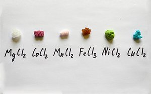 고순도 염류 연관된 금속의 산화 상태 때문에 다양한 색상 배열을 나타내는 할라이드 (염화물) 염류