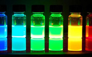 Quantum Dots Vials of quantum dots ranging from blue to green to yellow and red to show the color emitted is size-dependent.