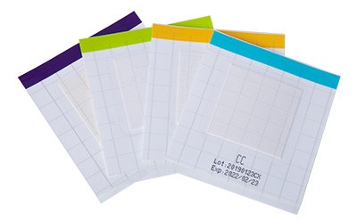MC-Media Pad® convenient culture media A set of four rapid-testing strips with color-coded headers, each representing a different test for quickly identifying indicator organisms, complete with batch number and expiration date for quality assurance.