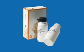 Western Blotting Products A collection of Cytiva labware products including filtration devices, bottles, syringes, and membrane discs, arranged neatly on a blue background.