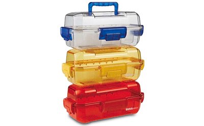 Product photo showing three stacked semi-translucent carrying cases in red, yellow, and clear/blue.