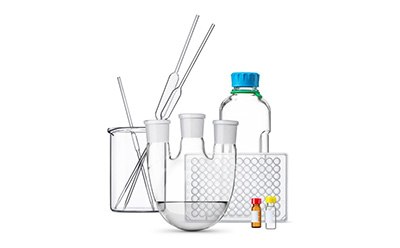 A collection of laboratory glassware including a beaker, test tubes, a flask with a blue cap A collection of laboratory glassware including a beaker, test tubes, a flask with a blue cap
