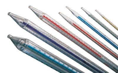 Pyrex serological pipettes A set of seven pyrex serological pipettes with transparent bodies and caps, arranged diagonally. The pipettes contain liquid various colors including blue, red, purple, and yellow, and have fine-point tips.