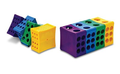 Product photo showing four tube racks in purple, blue, green, and yellow with different hole sizes on each side.