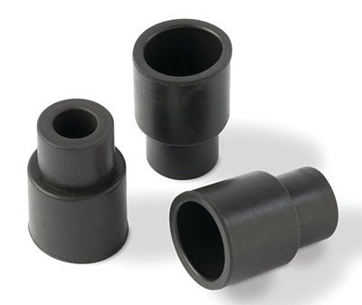 Three black rubber septa displayed on a white surface, each with a conical shape due to one end being wider than the other, intended for different applications or fitments. Three black rubber septa displayed on a white surface, each with a conical shape due to one end being wider than the other, intended for different applications or fitments.