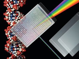 ThermalSeal RT™ film A visual representation of ThermalSeal RT™ film separating white light into its constituent spectral colors, with molecules on the left side, set against a black background with two glass slides positioned below.