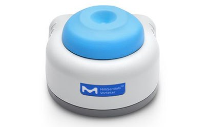 Vortexer A compact, white and blue, electronic vortex mixer with the ‘M’ logo and ‘HausserScientific Vortexer’ written on the front, placed against a plain white background.