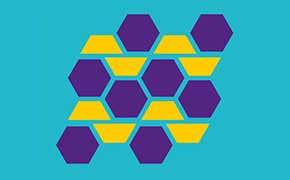 Co-Crystal Formation The image features a geometric pattern on a teal background. There are multiple purple hexagons, each outlined in yellow. The hexagons are arranged in two rows, creating a honeycomb-like pattern.