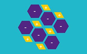 Salt Formation The image depicts a cluster of purple and yellow hexagons on a teal background. Each yellow hexagon has a white plus and purple one has minus symbol at its center.