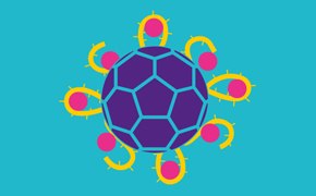 Nano-Milling  The image shows a circle with a dark purple core, surrounded by yellow spike proteins resembling a sun or sea urchin. Small yellow arcs near the base of each spike add detail. The background is solid teal