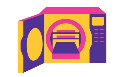 A colorful, abstract illustration of an autoclave. It features vibrant shades of purple, yellow, and pink. The autoclave is depicted from an angular perspective, showing the front and one side. A circular window with grill lines represents the interior, and control buttons are arranged vertically to the right of the window.