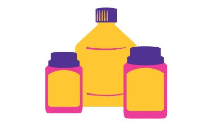 Three containers against a white background. Two of the containers are square-shaped jars with purple lids and orange bodies. The third container is a larger, yellow bottle with a purple cap; it’s positioned between the two jars. All containers have simple, smooth designs without any visible labels or text.