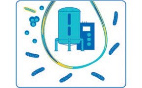 ccm-with-myco-plasma-bacteria-virus Icon depicting a blue filtration tank and control unit surrounded by stylized representations of water molecules and filtration media particles.
