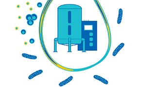 Media Filtration A blue water filtration tank and control unit with stylized representations of water molecules and filtration media particles around it, symbolizing the process of media filtration.