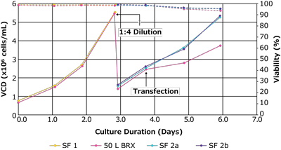 세포 성장 및 생존 능력(대시선) 및 세포 성장 데이터(실선)