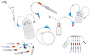 Choose Your Container Format A collection of medical equipment, including various types of IV lines, connectors, and other related items, all laid out on a white background. The assortment includes tubing of different lengths and thicknesses, some connected to small white plastic containers for medication or fluid administration. Orange caps seal some tubing ends, and the connectors range from simple to complex, likely for specialized medical procedures.
