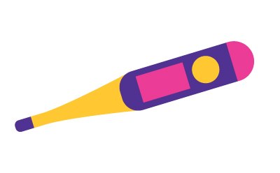 A colorful illustration of a clinical thermometer. The body of the thermometer is primarily purple with a pinkish display screen area. There is a yellow button on the front side of the thermometer’s body. The tip of the thermometer, where the temperature sensor is located, is orange. The thermometer is not displaying any temperature reading. It’s an isolated image with no background details or additional elements present.