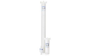Membrane Chromatography Two chromatography columns designed for membrane chromatography applications, with one column being tall and slender, featuring measurement markings, and the other being shorter and wider with a volume label near its base, both presented against a plain white backdrop.