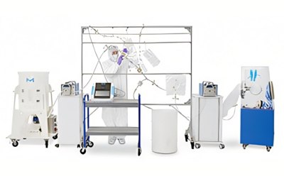 Single-use system for final sterile filtration and filling The image appears to be of a medical or laboratory setting with various pieces of equipment being inter-connected that could be used for research or treatment.