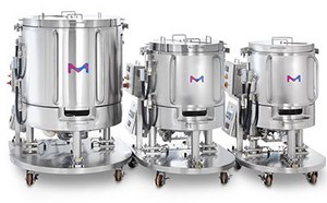 Buffer & Media Prep Three stainless steel bioreactor vessels of varying sizes on wheeled stands, each with a blue and pink ‘M’ logo on the front.