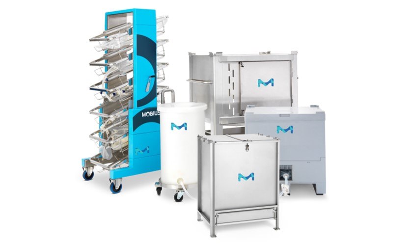 Mobius® fluid transport and storage systems A variety of Mobius® single-use fluid storage and transport systems, which include cylindrical containers on wheels for easy mobility, a rack with multiple bag compartments for organized fluid storage, and cubical vessels that suggest a modular approach to fluid management in manufacturing operations. The systems are marked with the Mobius® logo.