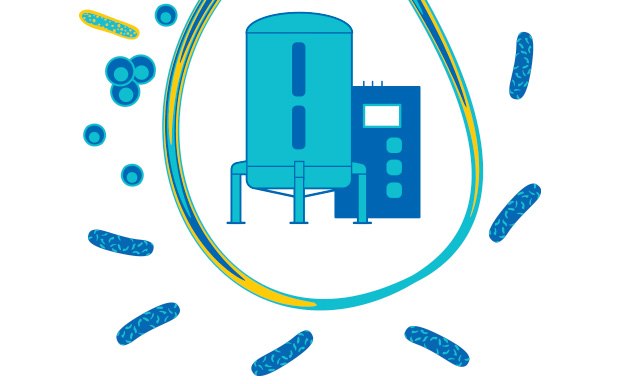A blue water filtration tank and control unit with stylized representations of water molecules and filtration media particles around it, symbolizing the process of media filtration. A blue water filtration tank and control unit with stylized representations of water molecules and filtration media particles around it, symbolizing the process of media filtration.