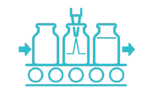 NovaSeptum® SURe Final Fill A teal line drawing of a conveyor belt system, which is transporting three different types of containers, each indicated by arrows. The containers vary in shape, with the first resembling a jar, the second a bottle, and the third another jar with straighter sides. Above the containers, four small circles connected by lines suggest motion or automation in the process.