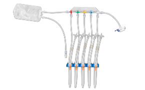 NovaSeptum® SURe accurate volume syringe sampling assembly A medical device with multiple tubings and colored connectors, likely used for fluid delivery or extraction. It features a white plastic collection chamber from which transparent tubes extend, each marked with a different colored connector. The tubes are arranged in parallel, have blue clamps for flow control, and end with metal needles or connectors for attachment to other devices or patients.