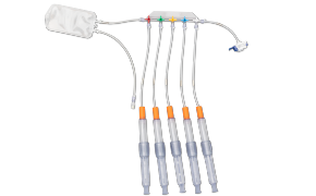 NovaSeptum® SURe Accurate Volume Syringe sampling Assembly A medical device used for patient monitoring or treatment, featuring a white plastic piece with seven tubes extending from it. Each tube has a colored marker and is equipped with grey connectors capped with orange safety caps.