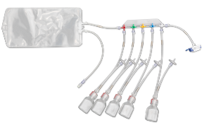 NovaSeptum® SURe Bottle Sampling Assembly A medical device consisting of a clear plastic bag connected to a series of tubes with clamps, leading to smaller bags. It features a fluid delivery system with multiple tubes marked with color-coded tags—red, green, yellow, and blue—each attached to a smaller bag for fluid collection or delivery.