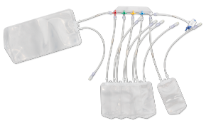 NovaSeptum® SURe High Purity Bag Sampling assembly A medical device consisting of a clear plastic bag connected to multiple smaller bags via color-coded tubes. The main bag is linked to several smaller ones, each attached with a differently colored connector—red, green, yellow, and blue. These smaller bags seem to be designed for separating or collecting different types of fluids in a medical setting.