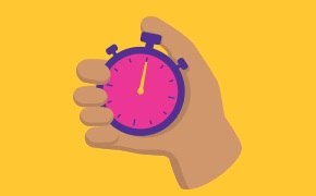A hand holding a purple and pink stopwatch on a yellow background. A hand holding a purple and pink stopwatch on a yellow background.