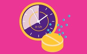 A clock and a yellow pill, representing a defined release time of the dosage form. A clock and a yellow pill, representing a defined release time of the dosage form.