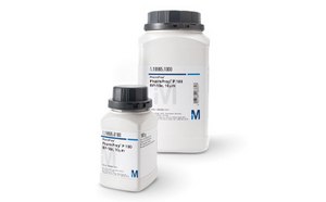 Reverse Phase/Normal Phase Chromatography Resins Two bottles of chromatography resins, one small and one large, labeled for reverse phase/normal phase applications, with a white and blue label design featuring the ‘M’ logo.