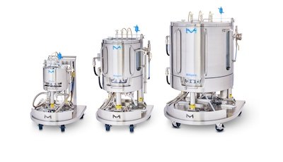 10 L, 100 L, and 500 L single-use Mobius<sup>®</sup> ADC Reactors Single-use Mobius® ADC reactors are available in 10  L, 100 L and 500 L sizes (left to right).
