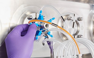 A person wearing a purple glove, making adjustments to clear plastic tubes connected to a metallic medical device. The device features multiple outlets and a blue junction where the tubes converge. A person wearing a purple glove, making adjustments to clear plastic tubes connected to a metallic medical device. The device features multiple outlets and a blue junction where the tubes converge.