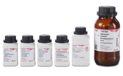 A collection of six laboratory chemical bottles with labels on a white background.