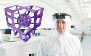 <p>Webinar: Find Your Filter. What's Best for Your Process?</p>
 Person in a lab coat by a purple 3D-printed structure against a bright, clean background.