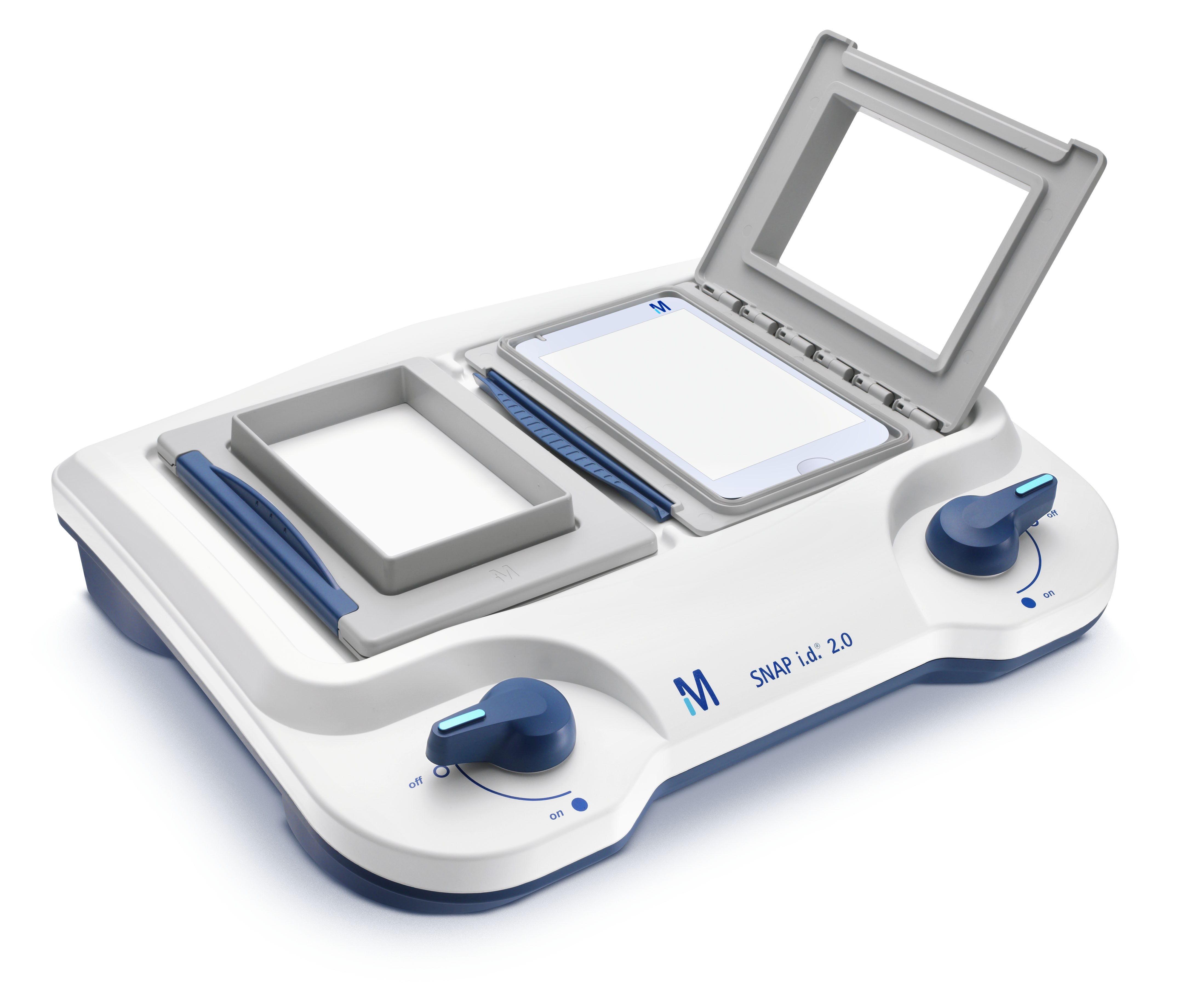 Snap i.d.® 2.0 system with midi frames and blots The Snap I.D. 2.0 protein detection system, showcasing a sleek white base with two blue adjustment knobs and a viewing screen, alongside designated areas for sample placement, embodying modern protein analysis technology