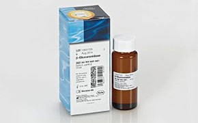 Drug Analysis Enzymes A brown bottle, filled with β-Glucuronidase and sulfatase enzymes, and its packaging. The packaging is predominantly white with blue design elements. It includes text, a barcode, and a circular yellow logo at the top.