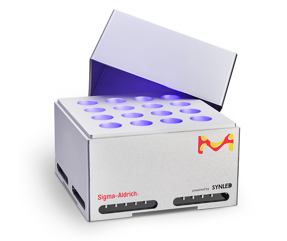 SynLED Paralell Photoreactor 2.0 SynLED 2.0 Photoreactor with cover removed and powered on showing the blue light source emitting from the reactor.