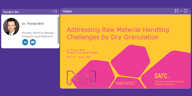 <p>건식 과립을 통한 원료 취급 문제 해결</p> Title slide webinar “Addressing Raw Material Handling Challenges by Dry Granulation” & speaker information
