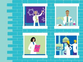 Illustration of a teal brick building with four windows showing scientists at work—one drawing a molecular diagram on a board, one conducting glassware experiments, one holding a pink folder, and two operating large laboratory equipment.