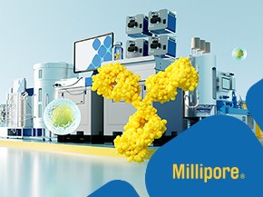 a visually striking representation of a laboratory environment focused on monoclonal antibody (mAb) production. In the foreground, a large, stylized depiction of a yellow antibody structure is prominently displayed. Behind it, various laboratory equipment and machinery are illustrated, including a computer monitor and other scientific instruments, set against a light blue background.